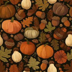 Fall harvest pumpkins acorns seamless repeat