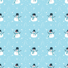 Christmas Background. Seamless Winter Pattern with Funny Snowmen, Fir Trees, Snowflakes. Vector illustration on Blue Background
