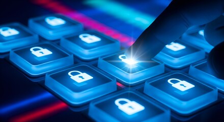 Finger pressing a glowing blue digital padlock button on a futuristic keyboard concept