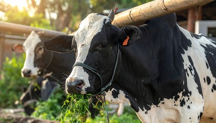Two cows grazing in a sunny pasture