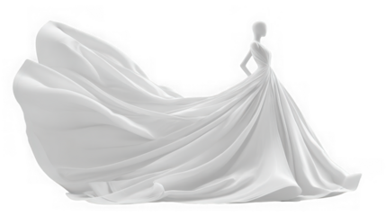 Elegant white wedding dress with flowing fabric isolated on transparent background, showcasing the beauty and grace of bridal fashion and design