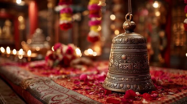 Hindu temple bell on flower-strewn altar with diyas and garlands, warm bokeh ambience