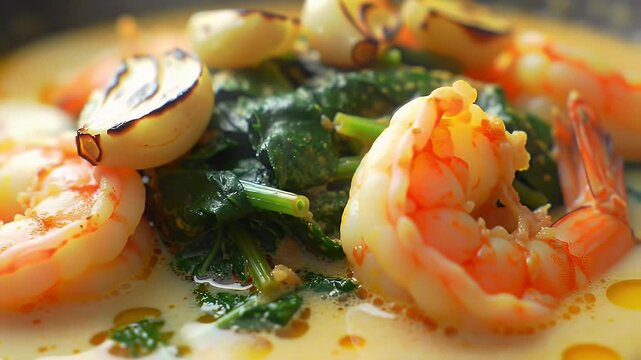 Macro Shot Of Cooked Shrimp Dish with Fresh Spinach and Garlic in White Cream Sauce