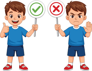 Cartoon boys with signs, approval and disapproval, thumbs up and stop gesture, correct and incorrect, vector art, white background, emotion