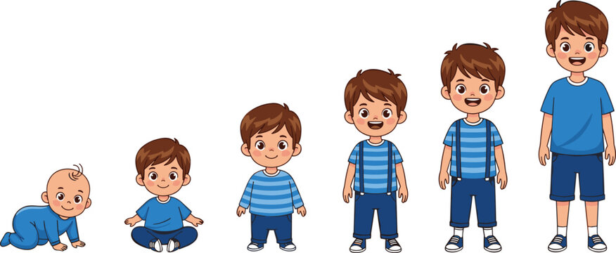 Cartoon boy growth stages, infancy to teen, child development timeline, vector art, age progression, educational chart, white background, milestone