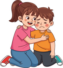 Cartoon children empathy, comforting moment, emotional support, kindness illustration, vector art, friendship, caring gesture, child emotions, white background, compassion