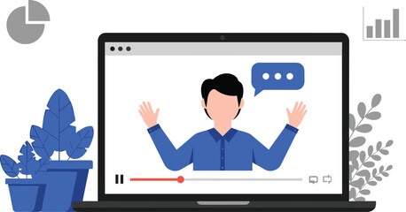 Cartoon laptop video screen, animated speaker, business charts, educational content, speech bubble, colorful interface, online learning, digital illustration