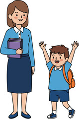 Cartoon teacher and student, school excitement, learning moment, book and backpack, vector art, education theme, happy child, white background, joy