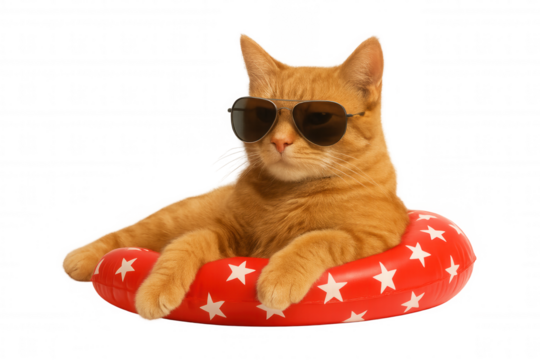Ginger cat relaxing on star-patterned red inflatable ring, sporting trendy sunglasses against transparent backdrop