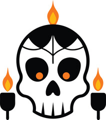 Skull with Candles and Flame for Day of the Dead Celebration