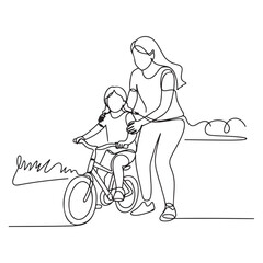 One continuous line Art drawing of young mother help her daughter learning to ride a bicycle at countryside together. with white background