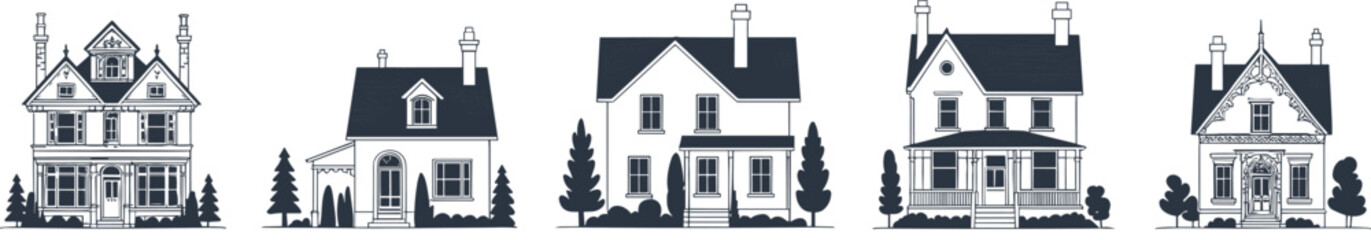 A set of various classic vintage house silhouettes, featuring different architectural styles, homes, and real estate properties on white.