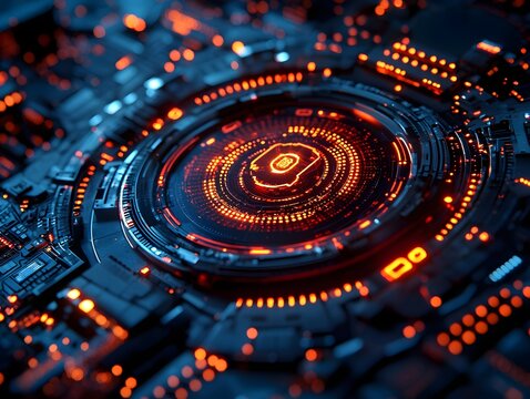 Futuristic digital interface with glowing orange circuits symbolizing advanced technology and data processing
