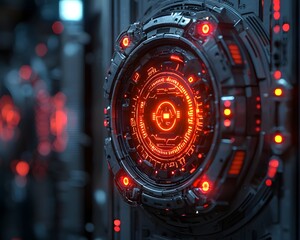 Detailed view of a futuristic circular technological interface featuring complex metallic components and glowing red digital circuits