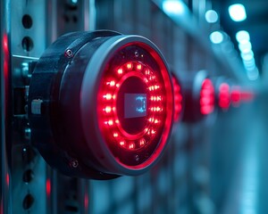 Close up of a security scanner with glowing red LED lights mounted in a dark industrial environment