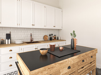 White cooking interior with island and countertop. Cupboard and kitchenware on deck. Modern scandinavian kitchen with morocco tile floor on countryside. 3d rendering. High quality 3d illustration