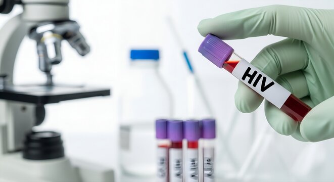 Gloved hand holds blood test tube labeled hiv next to microscope in laboratory
