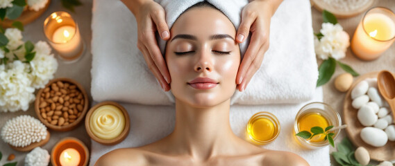 European Model in Luxurious Autumn Spa, Jojoba and Almond Oil massage for seasonal spa promotions, skincare line advertising, beauty therapy courses, cosmetic e-commerce banners, high-end spa booking 