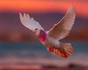 Peace dove flying at sunset in a quiet sky, spiritual and serene