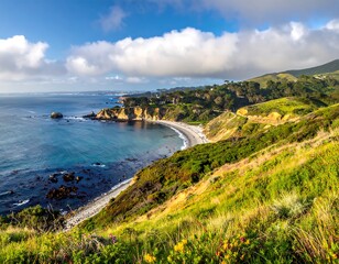 Coastal vista with dramatic hills and clouds