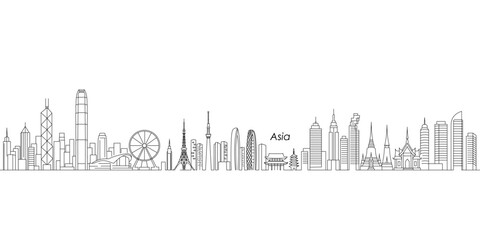Minimalistic black and white vector illustration of continuous city skyline with iconic landmarks of Asia including Bangkok Thailand, Hong Kong China, Tokyo Japan