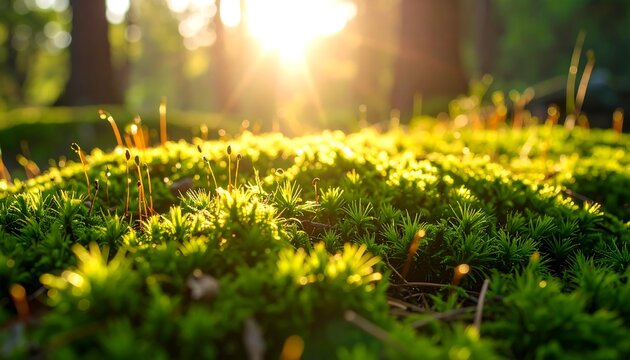 Sunlight filters through forest floor moss