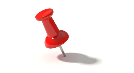Red Pushpin on White Background &mdash; Isolated Thumbtack Casting Shadow, Office Supply for Notice Boards, Pin Anchor for Posters and Maps