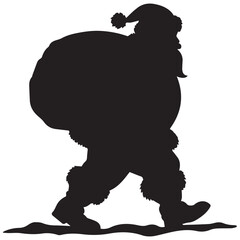 Silhouette of santa claus walking with a large sack of gifts