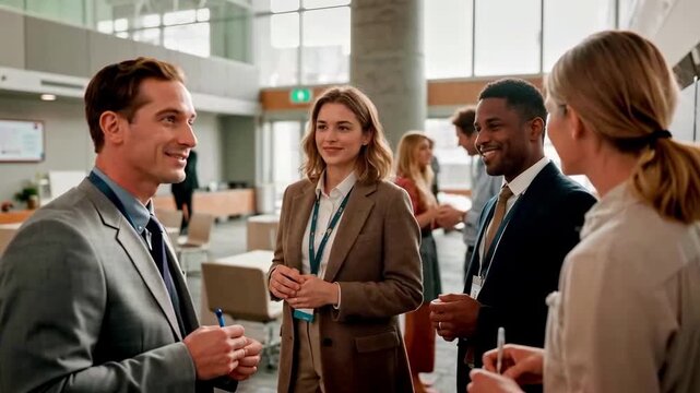 Diverse group of professionals networking at a modern conference. Collaborative meeting, business event, seminar, teamwork.