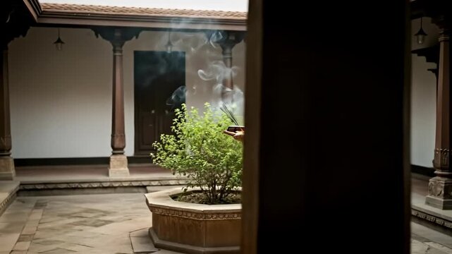 A graceful woman in a traditional green sari, holding a pooja thaali with incense sticks, slowly walks forward in the serene courtyard toward the central Tulsi Vrindavan