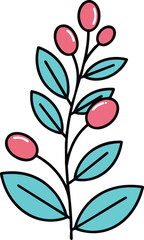 Branch with pink berries and turquoise leaves simple botanical illustration in vector format for design and decoration 