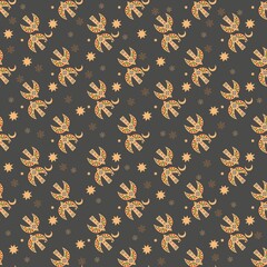 seamless pattern with two whimsical graphic birds and moon and sun on dark background, 5000x5000 pxl