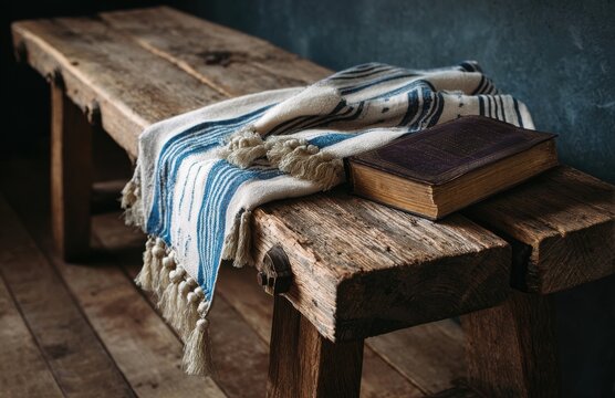 Tallit and siddur resting on rustic wooden bench: embracing jewish faith and tradition