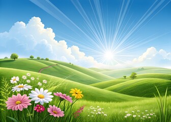 A serene, sunny day in a grassy, hilly landscape. The foreground is dominated by a field of colorful wildflowers, including white, pink, and yellow daisies. In the background, rolling green hills.