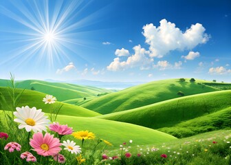 Obraz premium Bright landscape with rolling green hills, a vivid blue sky, scattered white clouds, and sunlight streaming from the top left. Foreground filled with colorful blooming flowers in pink, white, yellow.