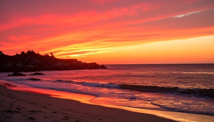 Vibrant sunset over rocky coastline