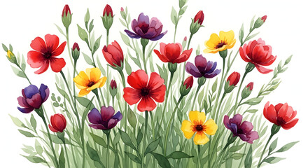 Fototapeta premium Vibrant Spring Flower Garden Watercolor — Lively Mix of Daffodils, Poppies, Tulips and Wildflowers with Lush Green Foliage for Greeting Cards, Botanical Prints and Floral Stationery