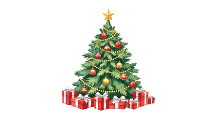 Fototapeta premium Hand-Painted Watercolor Christmas Tree with Stacked Red Presents — Festive Evergreen Covered in Ornaments, Gold Star Topper and Gift Piles at Its Base for Holiday Cards, Seasonal Prints and Winter 