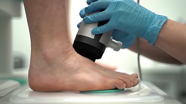 Close-up of a hand bone densitometer scanning a patients heel, assessing bone density for osteoporosis diagnosis.