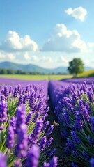 Fototapeta premium A vast lavender field blooms vibrantly under a bright blue sky dotted with clouds.