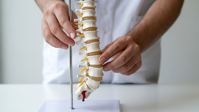 Doctor explaining spine model to patient, demonstrating the anatomy and potential issues of the backbone medical technology