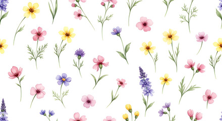 Obraz premium Wildflower Meadow Watercolor Pattern — Delicate Hand-Painted Sprigs of Lavender, Yellow Daisies and Pink Wildflowers Scattered on White for Botanical Fabrics, Wrapping Paper and Spring Stationery