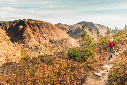 Hiker enjoying autumn views on a mountain trail in a vibrant landscape with rolling hills