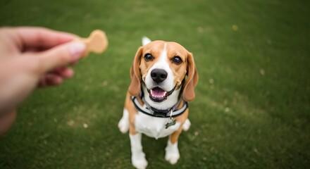 Dog Receiving Treat, Focused, Happy Beagle.
