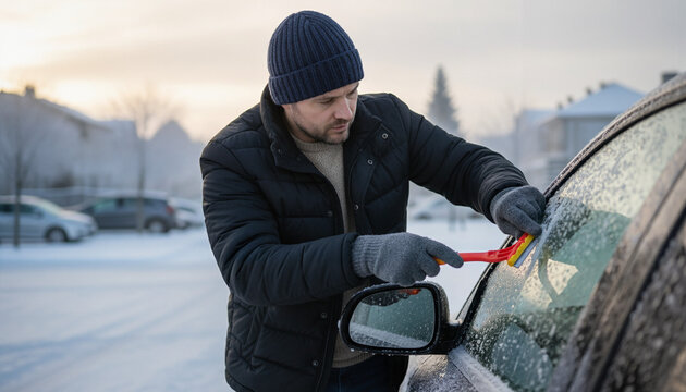 Man scraping ice off car windshield on winter morning outdoors  