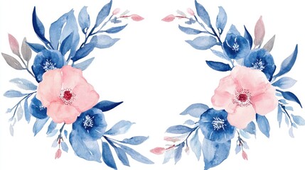 Watercolor pink and blue floral wreath