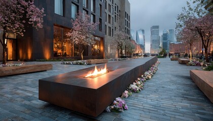 Peace monument in city square with eternal flame, people laying flowers, urban setting with modern architecture