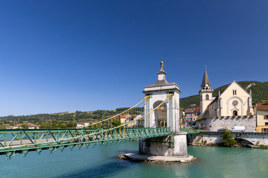 Seyssel suspension bridge crossing Rhone river in Auvergne Rhone Alpes, France