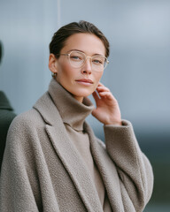 Elegant woman in winter coat and glasses
