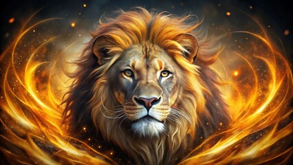 Fototapeta premium A majestic lion with a fiery mane stands proudly amidst swirling flames